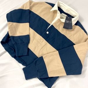 NWT Abercrombie & Fitch Navy Blue and Tan Striped Rugby Top
